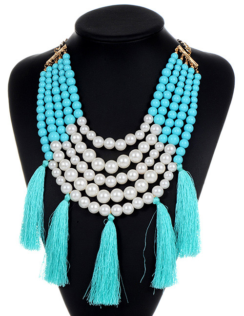 Fashion Blue Pearls&tassel Decorated Necklace