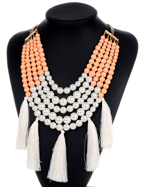 Fashion Orange+white Pearls&tassel Decorated Necklace