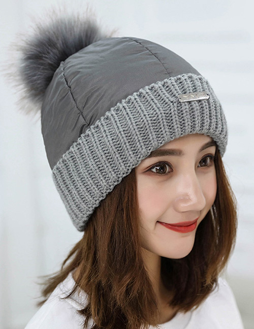 Trendy Gray Fuzzy Ball Decorated Pure Color Cap