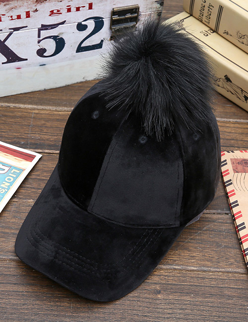 Lovely Black Fuzzy Ball Decorated Hat