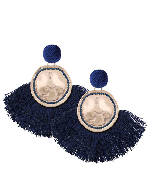 Bohemia Dark Blue Metal Round Shape Decorated Tassel Earrings