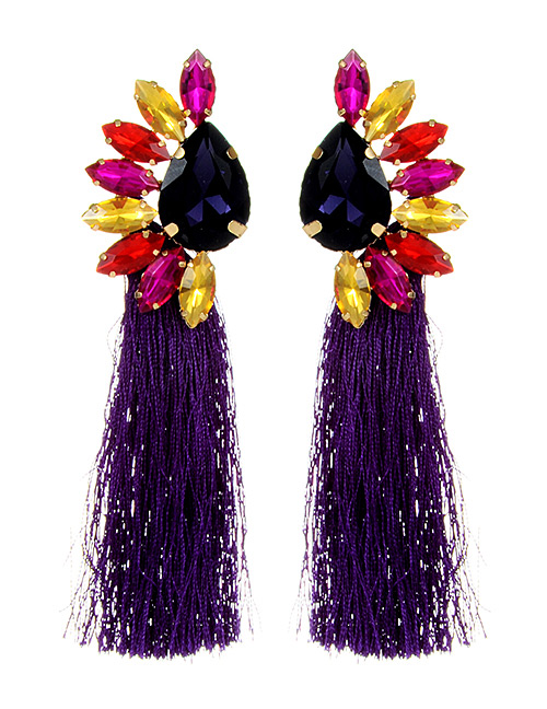 Bohemia Purple Waterdrop Shape Diamond Decorated Tassel Earrings