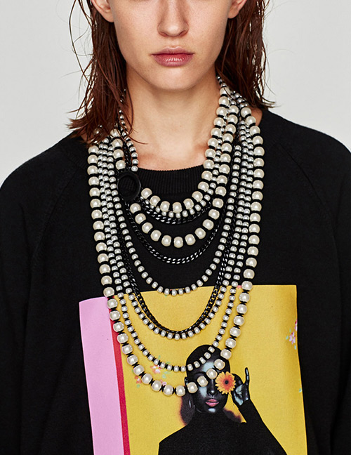 Fashion Black+white Pearls Decorated Multi-layer Necklace