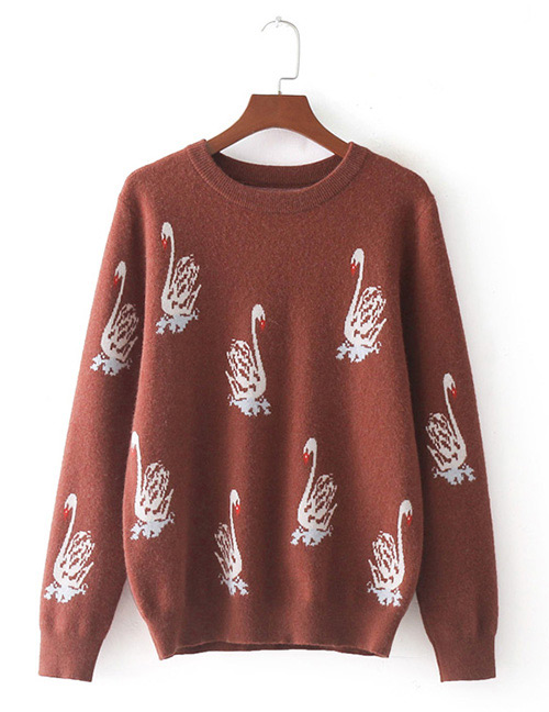 Fashion Brown Swan Pattern Decorated Sweater