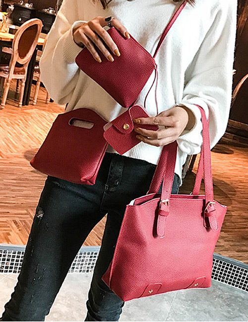 Fashion Red Rivet Decorated Handbag ( 4 Pcs )