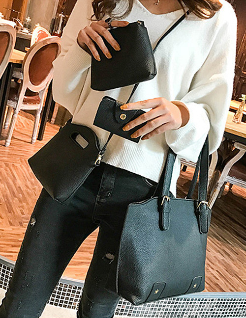 Fashion Black Rivet Decorated Handbag ( 4 Pcs )