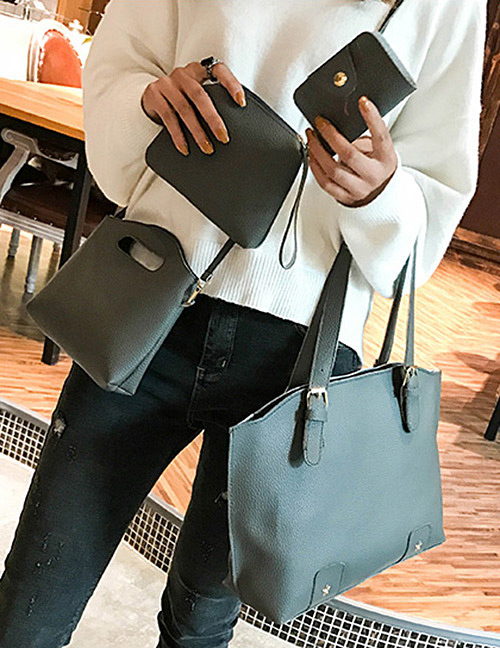 Fashion Dark Gray Rivet Decorated Handbag ( 4 Pcs )