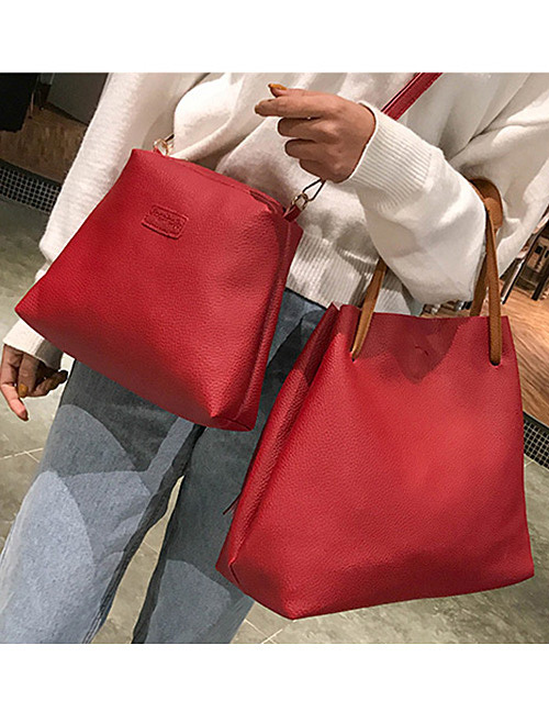 Fashion Red Pure Color Decorated Shoulder Bag (2 Pcs )