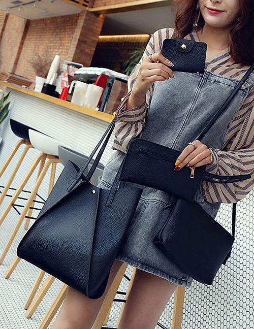 Fashion Black Pure Color Decorated Handbag ( 4 Pcs)