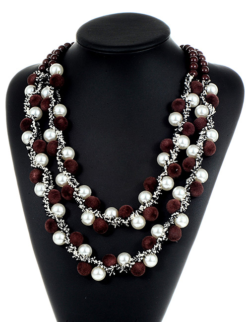 Fashion Coffee+white Pom Ball Decorated Necklace
