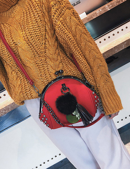Fashion Red Pom Ball Decorated Shoulder Bag