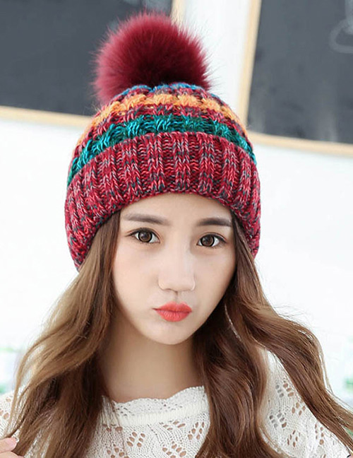 Fashion Red Pom Ball Decorated Hat