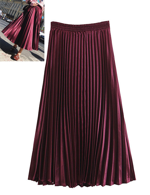 Trendy Claret Red Pure Color Decorated Simple Skirt