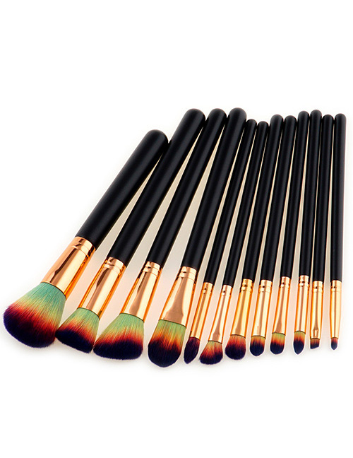 Trendy Green+black Color Matching Decorated Makeup Brush(12pcs)