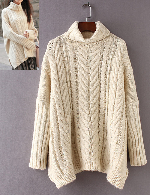 Fashion Beige Braided Shape Decorated Turtleneck Sweater