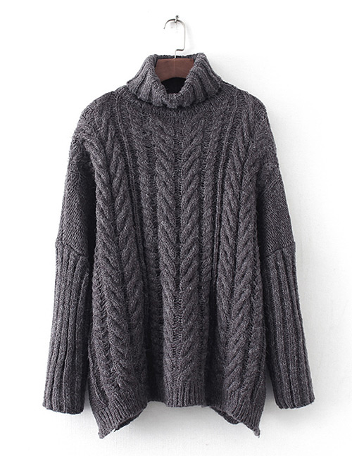 Fashion Dark Gray Braided Shape Decorated Turtleneck Sweater