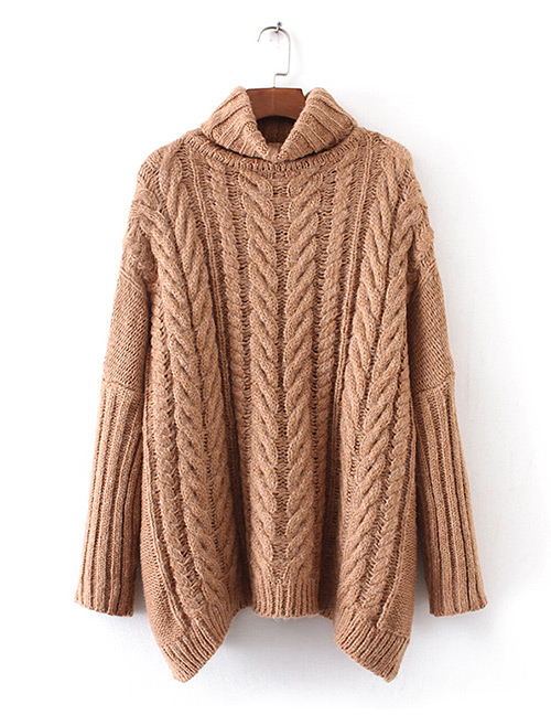 Fashion Khaki Braided Shape Decorated Turtleneck Sweater