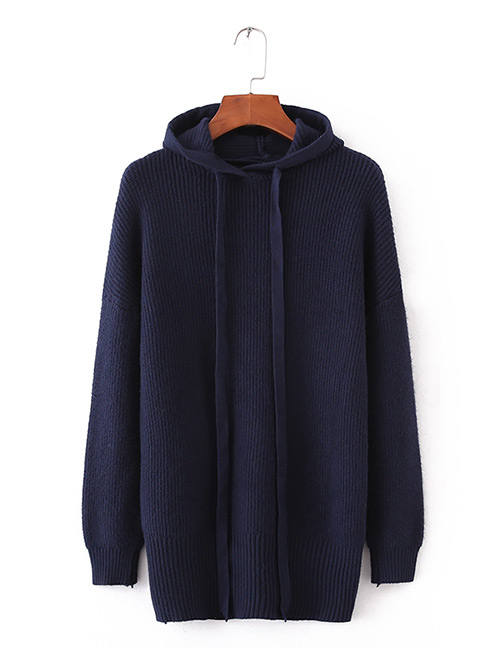 Fashion Navy Pure Color Decorated Hoodie