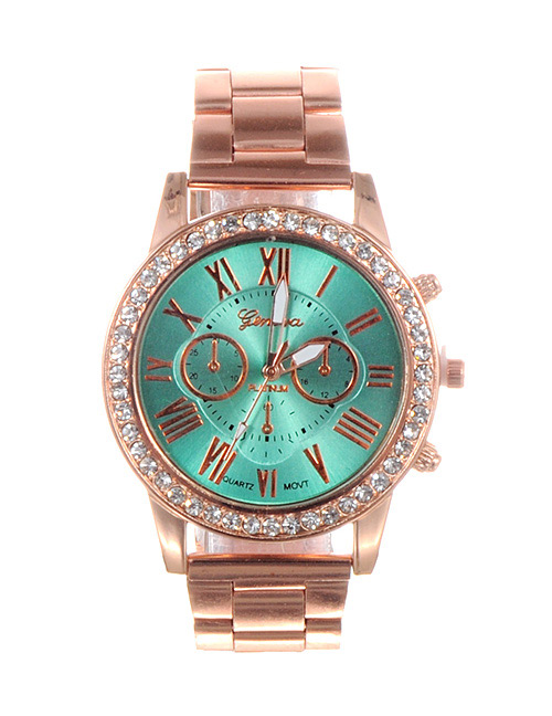 Fashion Green Diamond Decorated Round Dial Watch
