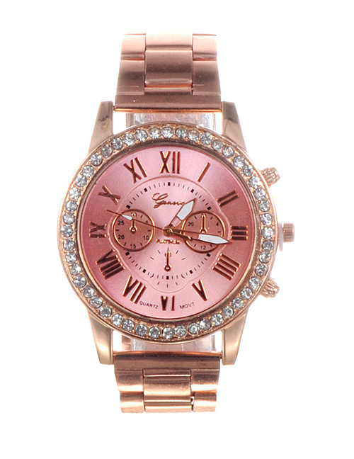 Fashion Pink Diamond Decorated Round Dial Watch