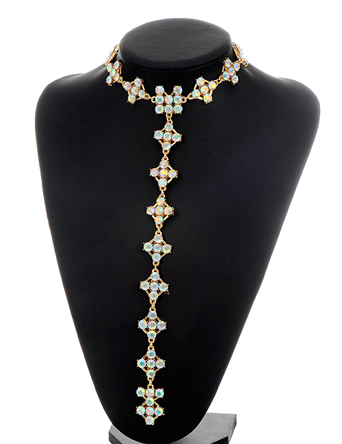 Fashion Multi-color Diamond Decorated Long Tassel Necklace