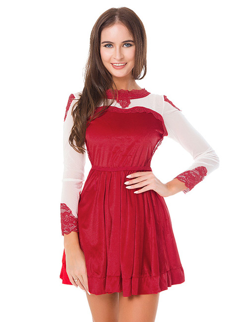 Fashion Red Lace Decorated Long Sleeves Dress