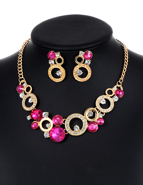 Fashion Plum-red Round Shape Decorated Hollow Out Jewelry Sets