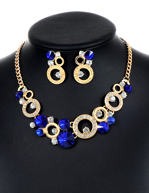 Fashion Sapphire Blue Round Shape Decorated Hollow Out Jewelry Sets
