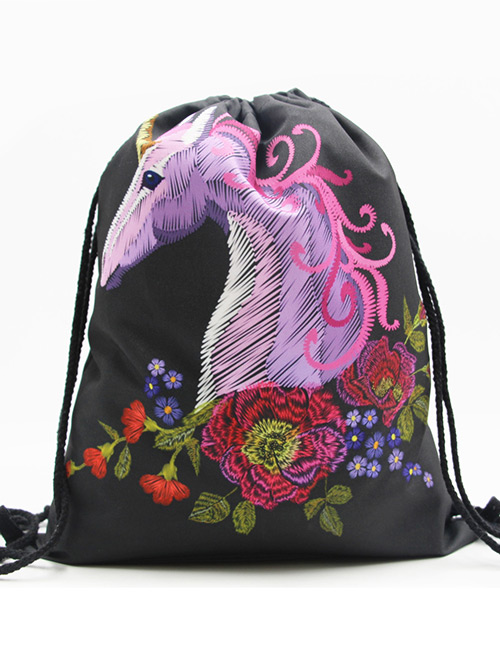 Lovely Black Unicorn&flower Pattern Decorated Backpack