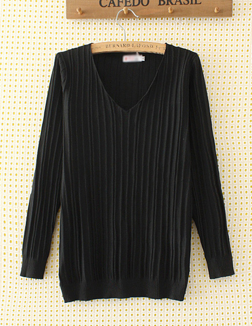 Elegant Black V-neckline Decorated Sweater