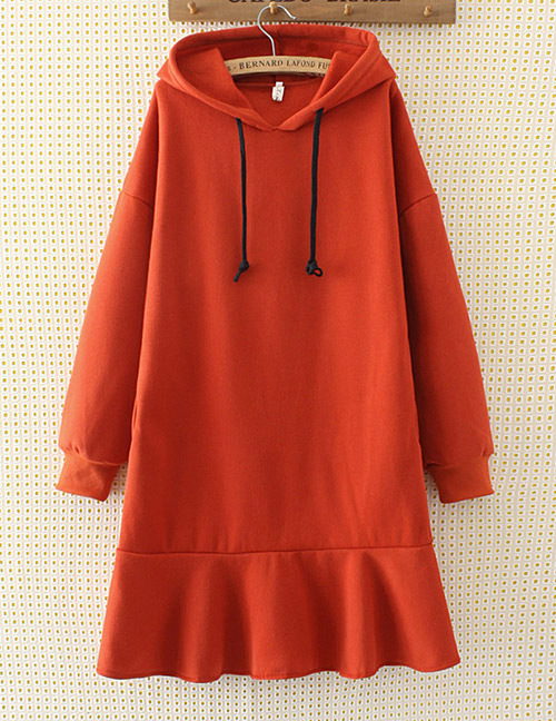 Fashion Orange Pure Color Decorated Long Hoodie