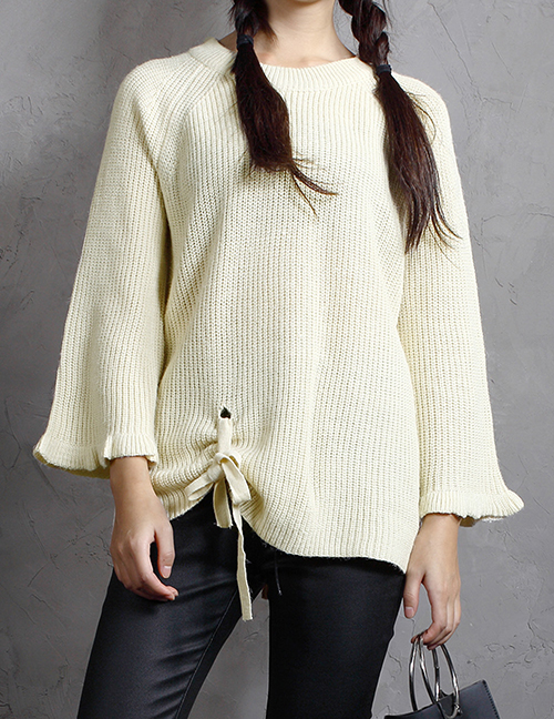 Fashion Beige Lacing Decorated Sweater