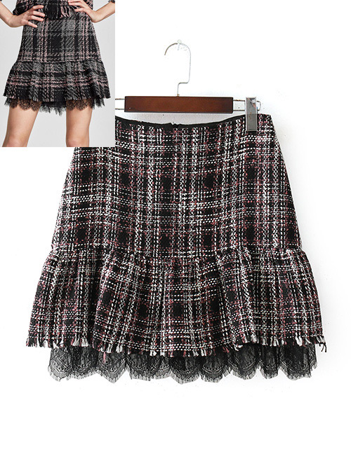 Fashion Gray+black Grid Pattern Decorated Skirt