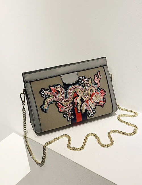 Fashion Gray Embroidery Dragon Decorated Shoulder Bag