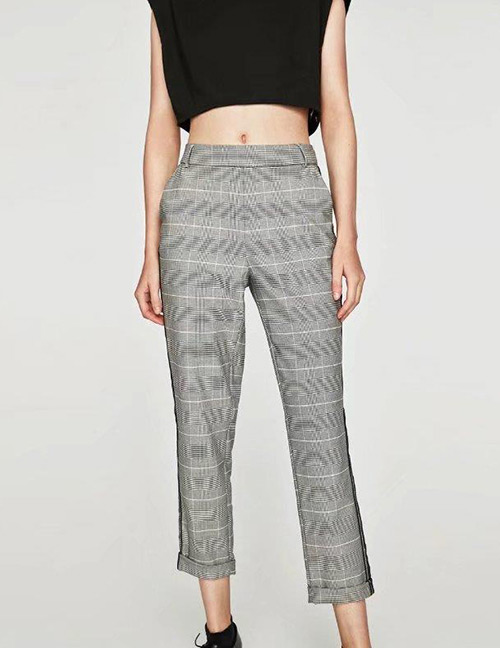 Fashion Light Gray Grid Pattern Decorated Trousers