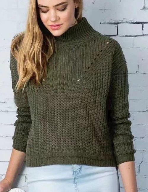 Fashion Olive Green Pure Color Decorated Sweater