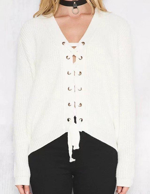 Fashion White Bandage Decorated Sweater