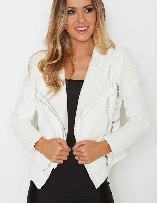 Fashion White Zipper Decorated Coat