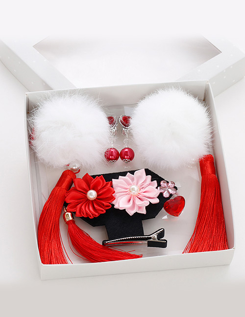 Lovely White+red Fuzzy Ball Decorated Hair Clips (6pcs)