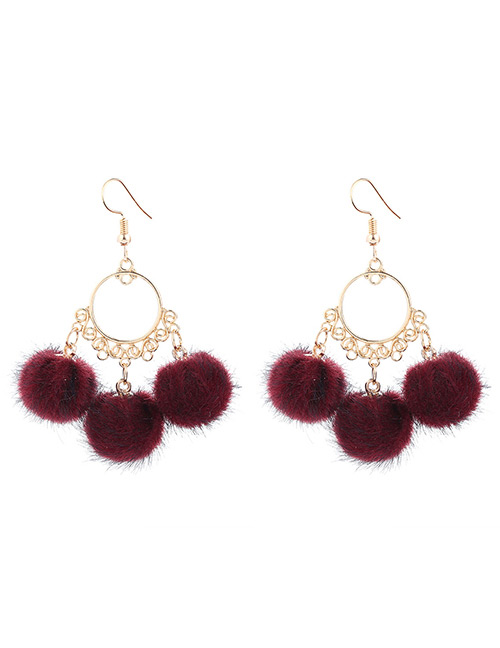 Fashion Claret Red Pom Ball Decorated Earrings