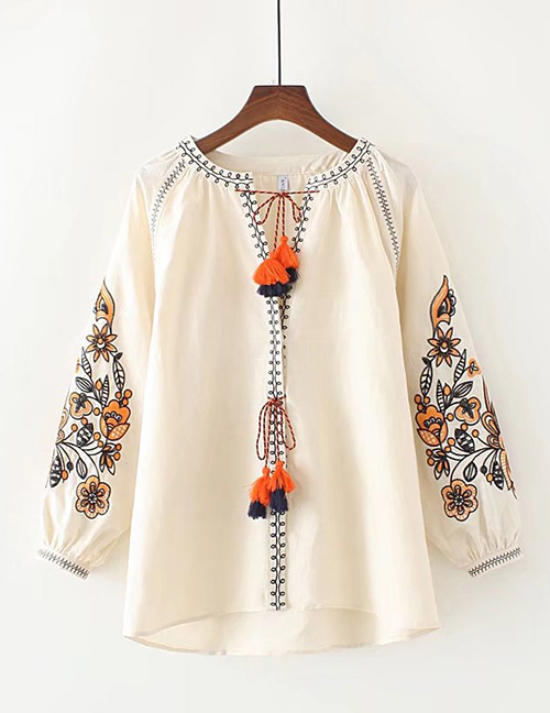 Fashion Beige Flower Pattern Decorated Shirt