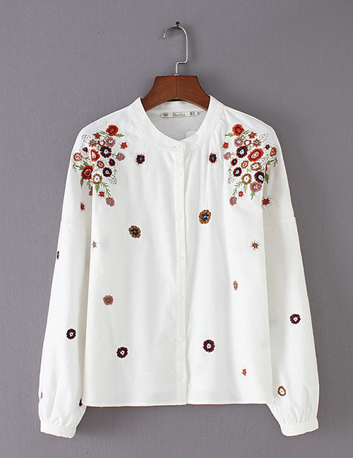 Fashion White Embroidery Flowers Decorated Shirt