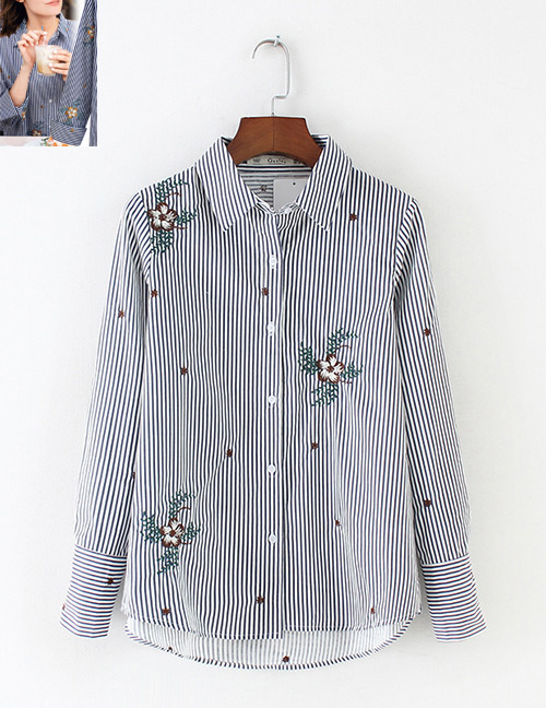 Fashion Blue+white Stripe Pattern Decorated Embroidery Shirt