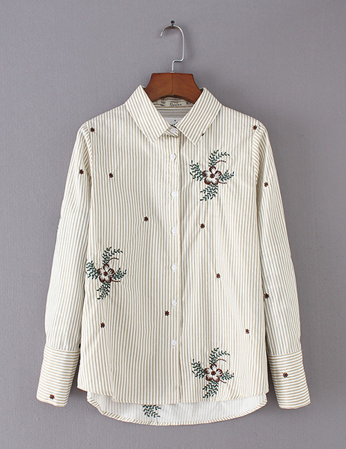 Fashion Beige+white Stripe Pattern Decorated Embroidery Shirt
