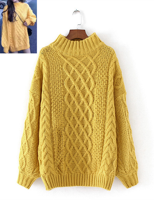 Fashion Yellow Grid Shape Design Pure Color Sweater