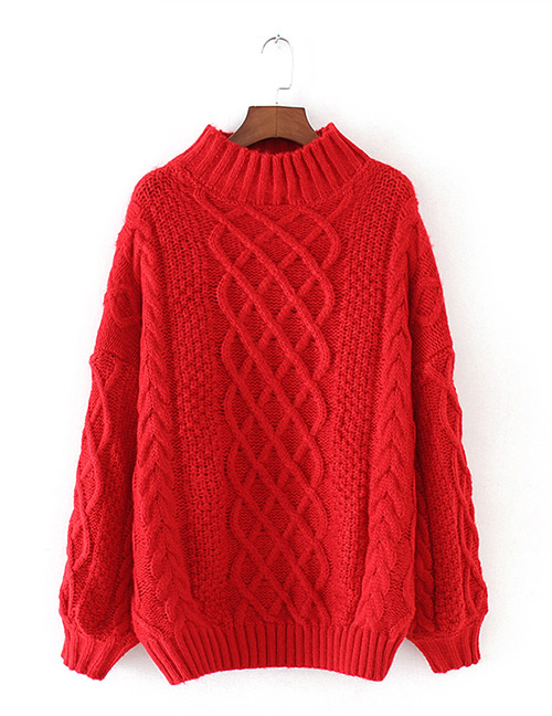 Fashion Red Grid Shape Design Pure Color Sweater