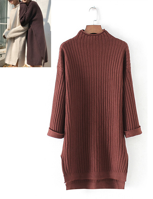 Fashion Claret Red Stripe Shape Design Pure Color Sweater