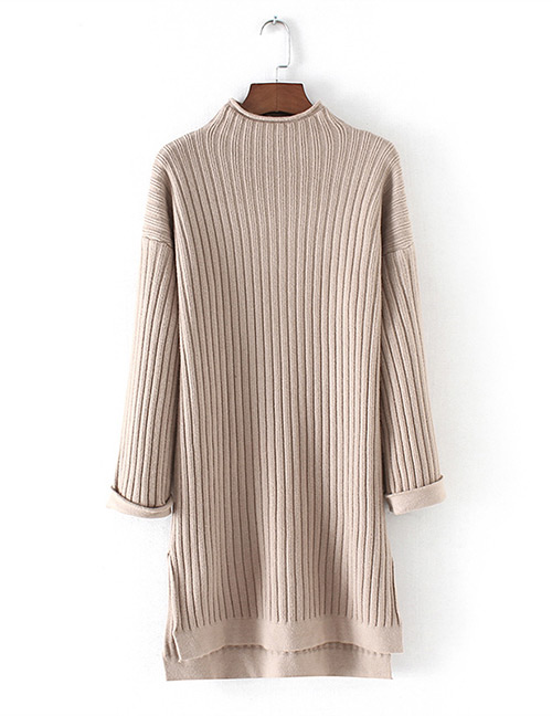 Fashion Khaki Stripe Shape Design Pure Color Sweater