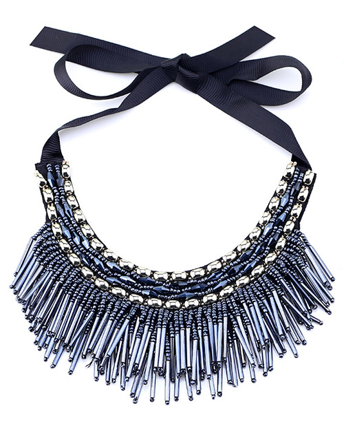 Vintage Black Beads Decorated Tassel Design Necklace