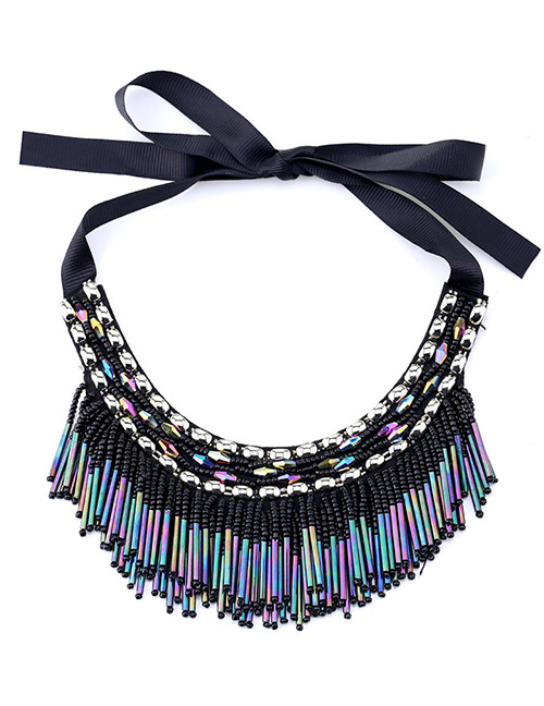 Vintage Multi-color Beads Decorated Tassel Design Necklace